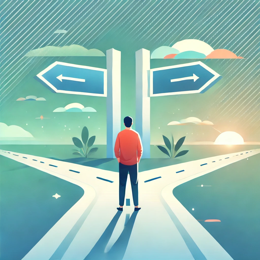 DALL·E 2025-03-25 14.40.32 - A professional and modern visual for a career test (loopbaantest) called 'Loopbaan Reality Check'. The image should include a person standing at a cro